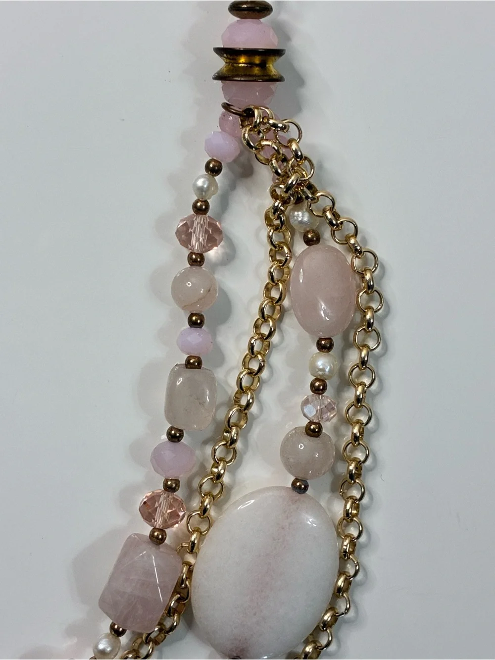Multi-Strand Pink Rose Quart Chunky Beaded Gold-Tone Statement Necklace 156g